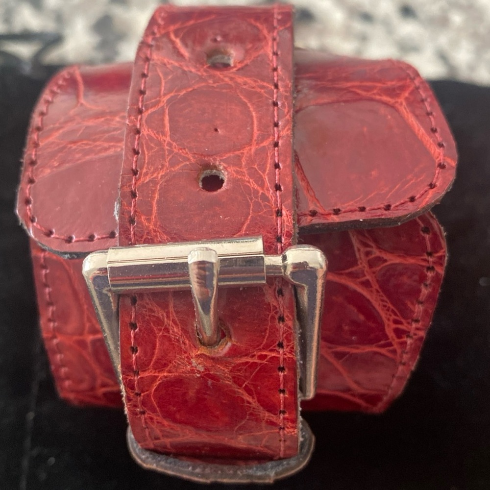 Embossed Leather Cuff Bracelet With Buckle Wine Burgundy Red